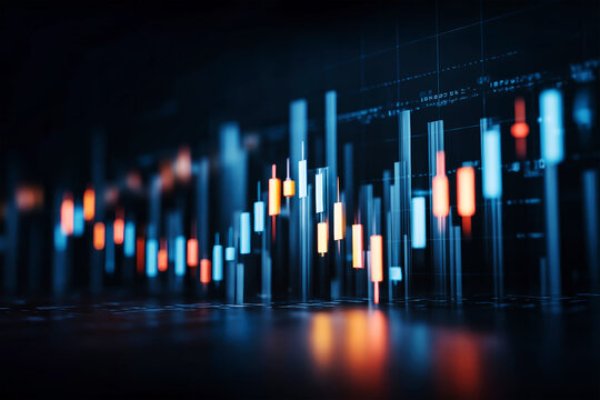 Dynamic financial chart with blue bar candles on dark abstract digital background representing market analysis