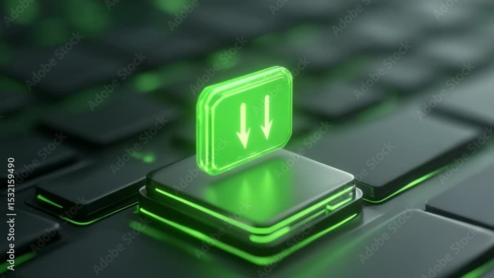 Poster Data Sync Key: A vivid close-up of a keyboard button illuminated in vibrant green, symbolizing data synchronization and file transfer in a digital, high-tech environment.