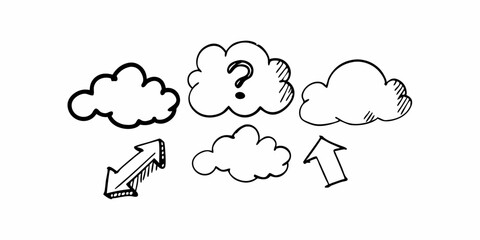 Hand-Drawn Cloud Doodles and Arrows. Thought Bubble, Question, Idea, Direction, Communication, Brainstorming, and More. Sketch Vector Icon.