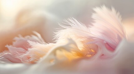 Fototapeta premium Soft pastel feathers resting on a delicate fabric background illuminated by warm sunlight in a serene setting