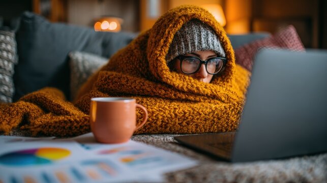 Young woman wrapped in thick orange blanket working on laptop at home surrounded by papers and warm light perfect for freelance lifestyle, winter remote work and cozy interior visuals