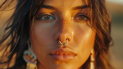 Close up portrait of a young woman with freckles brown eyes and a nose ring Her dark brown hair is slightly windblown