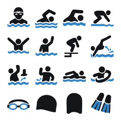 Swimming Activities and Equipment Icons Set