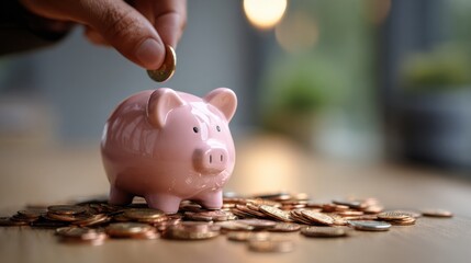 Hand placing coin into pink piggy bank on wooden table surrounded by scattered coins with bokeh background perfect for savings visuals, finance ads, investment concepts and budgeting themes