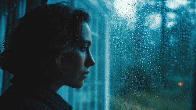 Profile of a woman staring through rainy window in moody lighting with water droplets on glass perfect for emotional storytelling, autumn themes and introspective visual concepts
