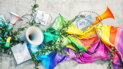 Symbolic Protest Collage with Rainbow Fabric and Ivy Representing Pride, Struggle, and Growth in Berlin