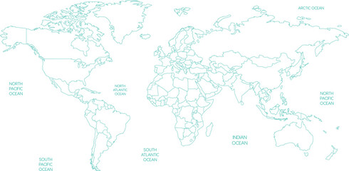 Outline World Map with Oceans Vector Illustration