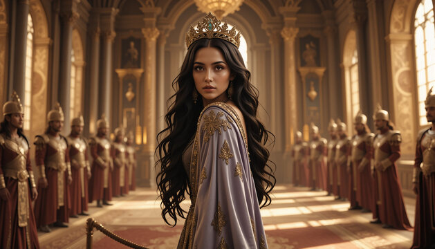 Majestic Royalty: A stunning queen, adorned with a crown, stands regally within a grand palace, surveying her realm with an air of dignified authority.