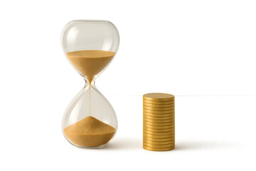 Time and Wealth Concept– Hourglass with Flowing Gold Sand and Coin Stack on Transparent Background - PNG