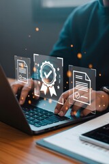 Person working on a laptop with digital certification icons.