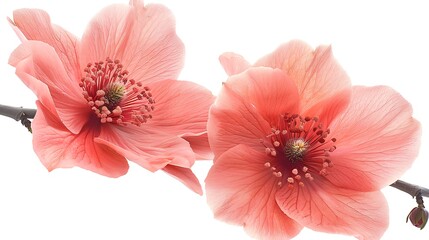 Two coral pink flowers detailed petals and stamens isolated on white bloom