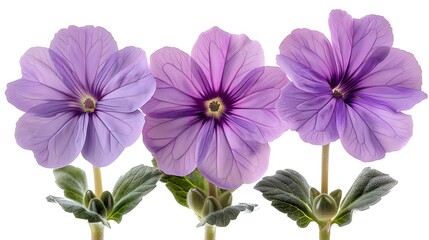 Three lilac colored flowers with visible stems and leaves against a white background