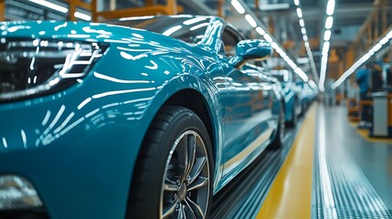 Obraz premium Cars Moving on Assembly Line Inside Factory