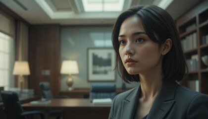 Fototapeta premium Confident Businesswoman in Office: A portrait of a young businesswoman in a modern office, exuding confidence and determination. Her serious expression and sharp gaze suggest intelligence and focus.