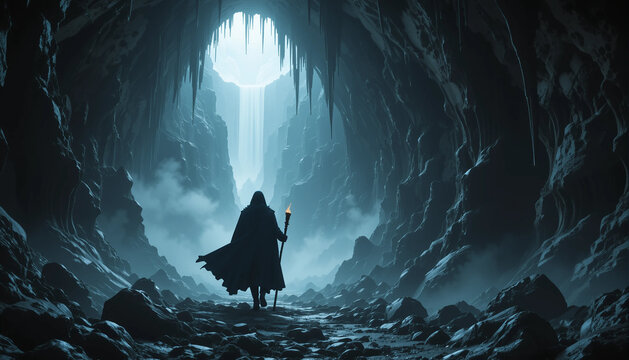 Enigmatic Journey Through the Abyss: A lone figure, shrouded in mystery, embarks on a spectral trek into a cavernous, ice-laden realm, illuminated by an otherworldly light source.