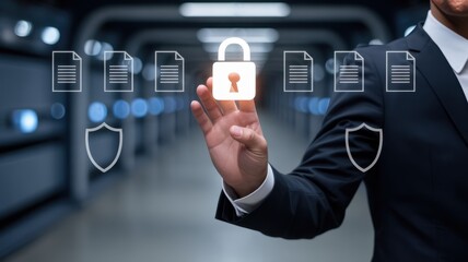 Hand interacting with digital lock and file icons.