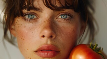 Close up portrait of a young woman with freckles and blue eyes a ripe red tomato resting against her cheek
