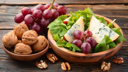 Red grapes walnuts blue cheese and lettuce in wooden bowls on a dark wood surface