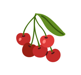 Obraz premium Ripe cherry branch icon. Fruit tree twig with red sour berries and leaves. Fresh farm food, orchard crop, garden harvest for healthy eating. Flat isolated vector illustration on white background