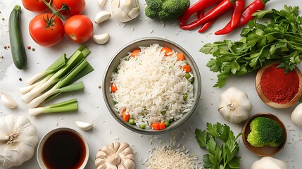 Cooked rice with peas and carrots surrounded by fresh vegetables and spices