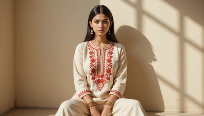Timeless Grace: A woman, dressed in embroidered ethnic attire, sits gracefully. Bathed in soft sunlight