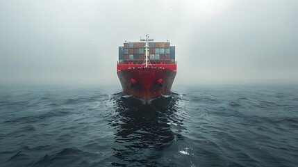 Red container ship sailing on a foggy sea Front view red ship ocean water