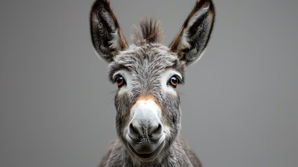 Close up portrait of a donkey's face gray fur large ears and expressive eyes against a neutral background