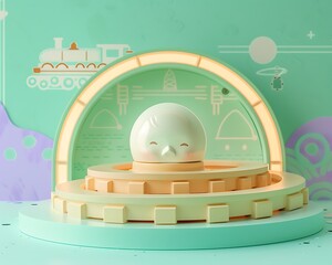 Pastel colored bird figurine on tiered platform whimsical background with train and geometric designs