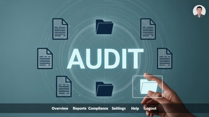 Digital audit interface with document icons.