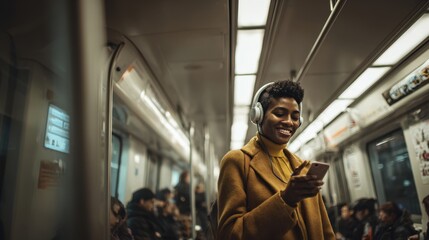 Smiling woman wearing headphones, enjoying music while using smartphone in a subway train, surrounded by seated passengers, creating a vibrant urban commuting atmosphere