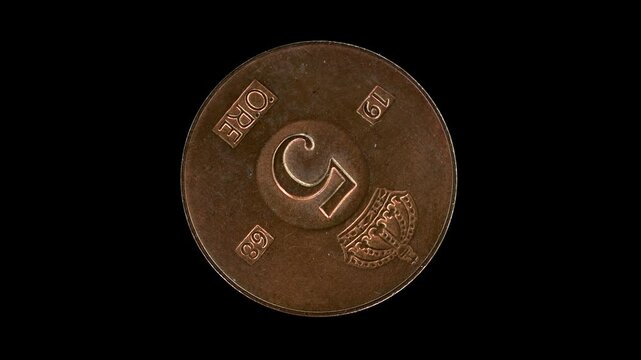 Sweden 1968 5 &ouml;re coin reverse with value and mintmark under crown motif rotating on black background