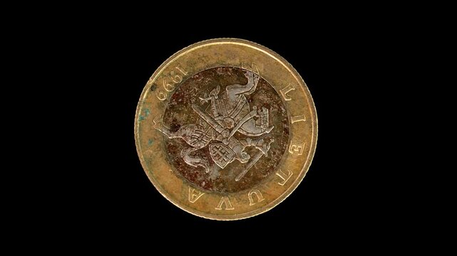 Lithuania 1999 2 litai coin obverse with Lithuanian arms and date rotating on black background