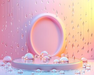 Pink Abstract Background with Water Droplets and Circular Platform Stage