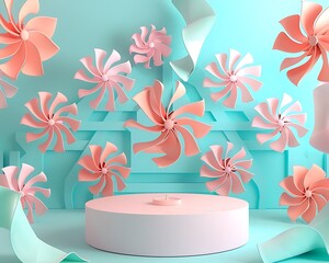 Pastel Pink and Aqua 3D Render Circular Platform with Decorative Pinwheels