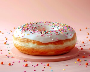 Glazed donut with colorful sprinkles on pink background A single sweet treat rests on a pale pink stand