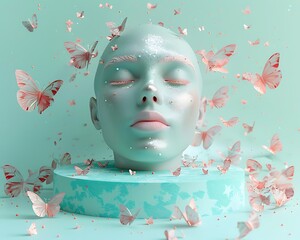 Serene female head sculpture surrounded by pink butterflies on a teal platform