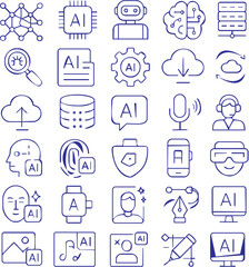 A modern collection of 30 vector icons representing artificial intelligence and digital tools. Ideal for UI/UX, web design, apps, presentations, and infographics. Editable stroke and clean line style,