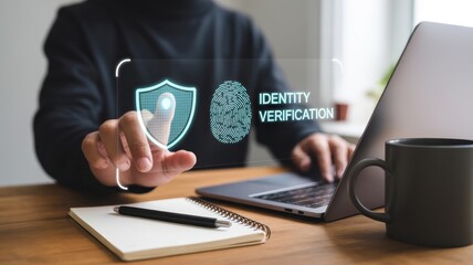 Person using fingerprint recognition for identity verification.