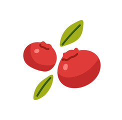 Icon of cranberry with green leaves. Fresh lingonberry with foliage. Ripe cowberry for healthy eating. Sour red berries. Organic food from forest. Flat isolated vector illustration on white background