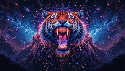 Mystical Roar: A tiger, an embodiment of untamed spirit, unleashes a thunderous roar against a backdrop of swirling colors and celestial energy, inviting viewers to witness the essence of raw power.