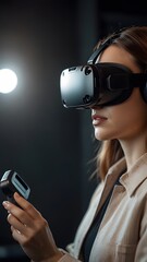 Woman using vr headset for immersive gaming and virtual reality experience in dark room