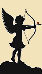 Cherubic figure aiming bow and arrow at heart silhouette