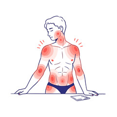 Man experiencing pain in upper body while leaning on table  