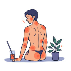 Young man sitting with skin condition and plant beside drink  
