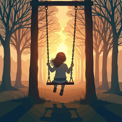 Young girl swinging alone at sunset in a forest with trees  