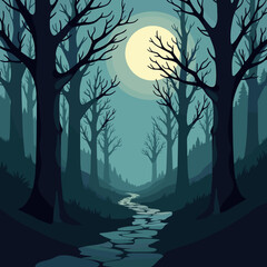 Dark forest landscape with a moon and winding river at night  