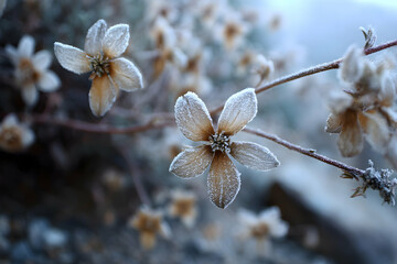 Delicate frost-covered flowers in soft focus.
