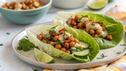 vegan gluten free dish concept Fresh lettuce wraps filled with chickpeas and vegetables, garnished with lime and herbs.