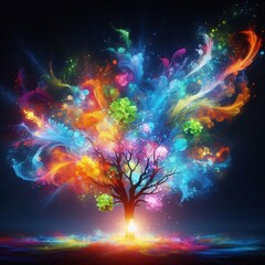 Colorful Tree of Imagination: An artful and abstract representation of a vibrant tree bursting with colorful energy, with an ethereal luminescence from the center, igniting the imagination.