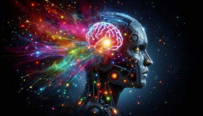 Cybernetic Mind: An abstract portrait of a cyborg with a glowing brain, representing the merging of technology and thought, sparking innovation and the boundless potential of the future.